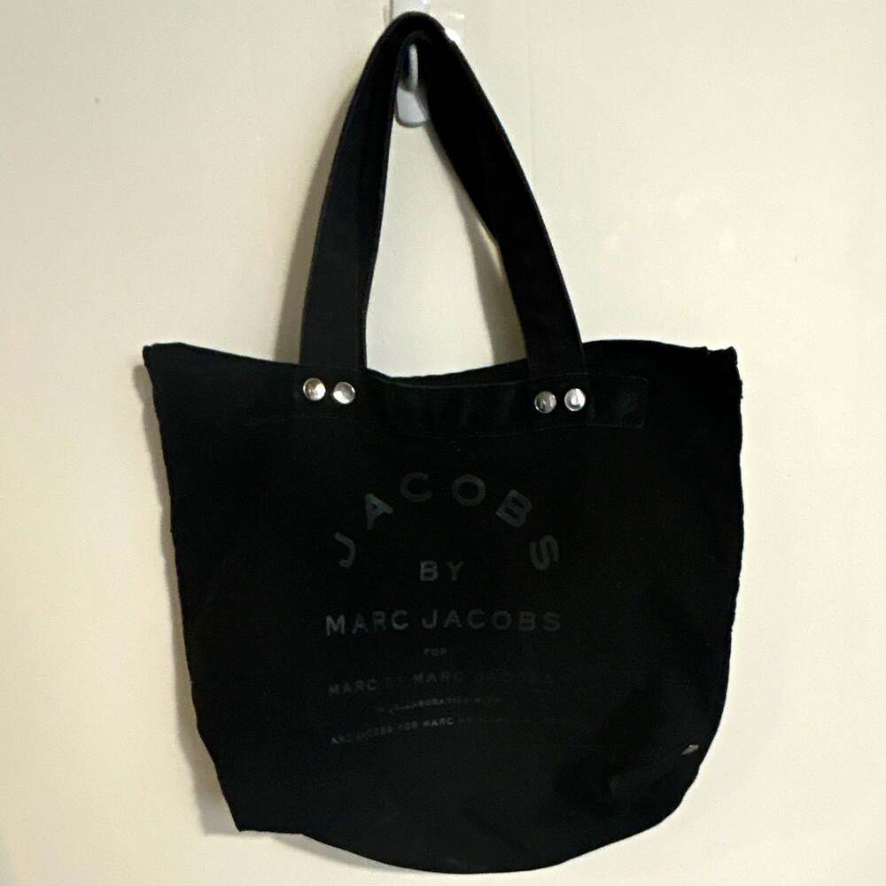 Marc Jacobs Black Canvas Logo Tote Handbag Zip Detachable Strap Medium